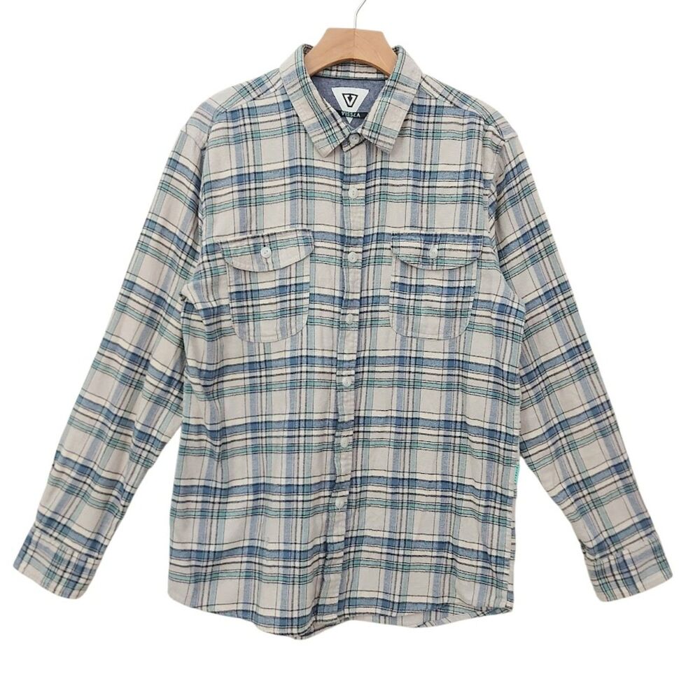 Vissla Mens Medium Beige Blue Plaid Flannel Shirt Button Up Dual Pocket Surf